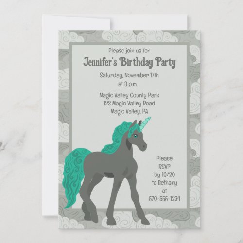 Gray and Teal Unicorn Personalized Invitation
