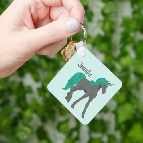 Gray and Teal Unicorn Personalized Keychain