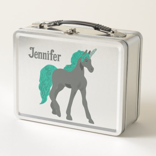 Gray and Teal Unicorn Personalized Metal Lunch Box