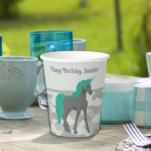 Gray and Teal Unicorn Personalized Paper Cups