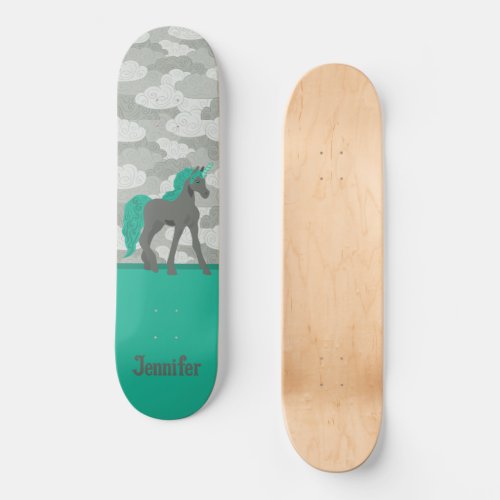 Gray and Teal Unicorn Personalized Skateboard