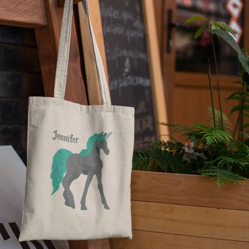 Gray and Teal Unicorn Personalized Tote Bag