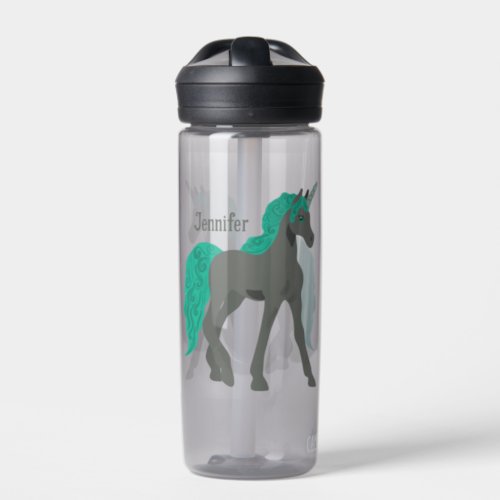 Gray and Teal Unicorn Personalized Water Bottle