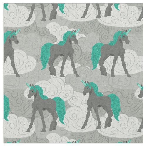 Gray and Teal Unicorns and Clouds Patterned Fabric