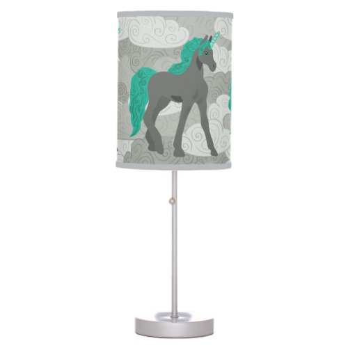 Gray and Teal Unicorns and Clouds Patterned Table Lamp