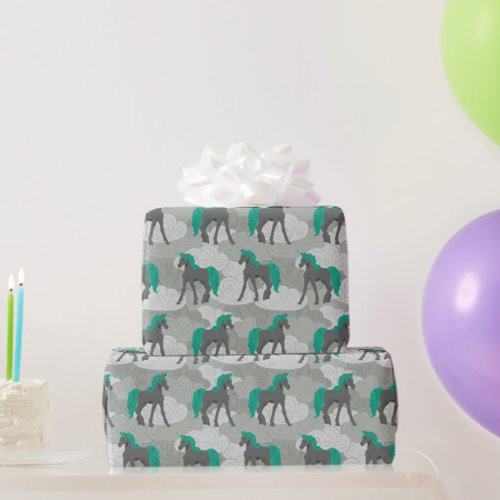 Gray and Teal Unicorns and Clouds Patterned Wrapping Paper