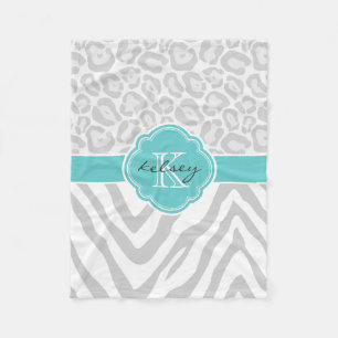 Gray and Turquoise Animal Print Custom Monogram Fleece Blanket