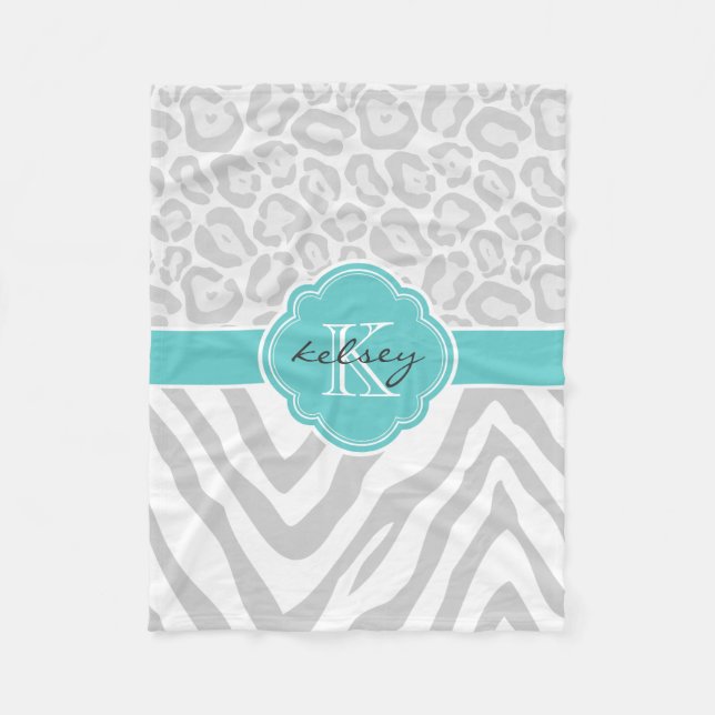 Gray and Turquoise Animal Print Custom Monogram Fleece Blanket (Front)