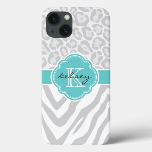 Gray and Turquoise Animal Print Monogram iPhone 13 Case