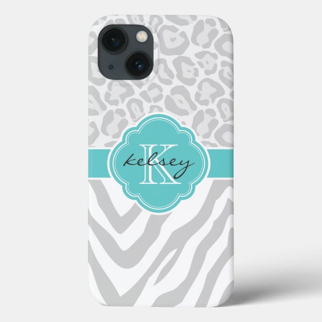 Gray and Turquoise Animal Print Monogram Case-Mate iPhone Case (Back)