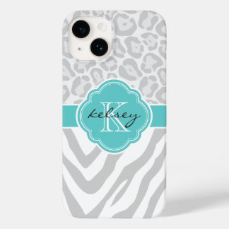 Gray and Turquoise Animal Print Monogram Case-Mate iPhone 14 Case