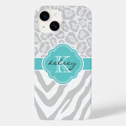 Gray and Turquoise Animal Print Monogram Case_Mate iPhone 14 Case