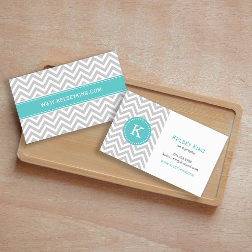 Customizable Gray &amp; Turquoise Chevron Custom Monogram Business Card