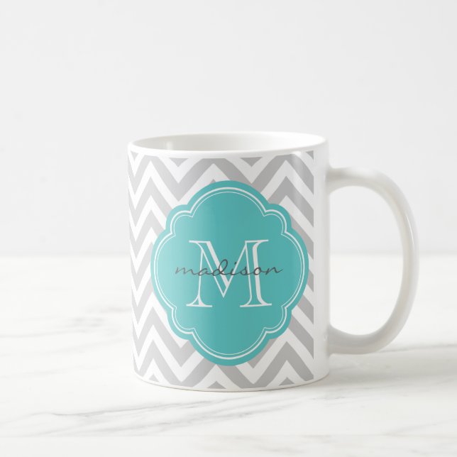 Gray and Turquoise Chevron Custom Monogram Coffee Mug (Right)