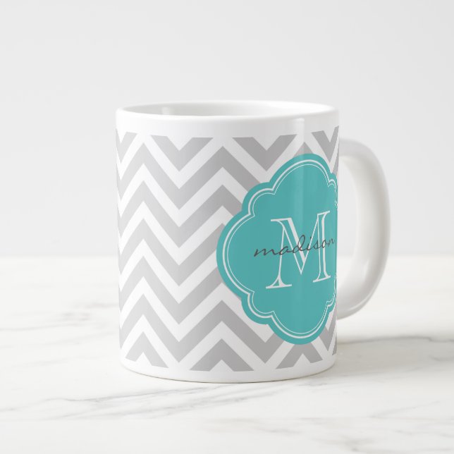 Gray and Turquoise Chevron Custom Monogram Large Coffee Mug (Front Right)