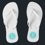 Gray and Turquoise Greek Key Monogram Flip Flops<br><div class="desc">Custom printed flip flop sandals with a stylish modern Greek key pattern and your custom monogram or other text in a circle frame. Click Customize It to change text fonts and colors or add your own images to create a unique one of a kind design!</div>