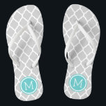 Gray and Turquoise Moroccan Quatrefoil Monogram Flip Flops<br><div class="desc">Custom printed flip flop sandals with a stylish Moroccan quatrefoil pattern and your custom monogram or other text in a circle frame. Click Customize It to change text fonts and colors or add your own images to create a unique one of a kind design!</div>