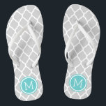 Gray and Turquoise Moroccan Quatrefoil Monogram Flip Flops<br><div class="desc">Custom printed flip flop sandals with a stylish Moroccan quatrefoil pattern and your custom monogram or other text in a circle frame. Click Customize It to change text fonts and colors or add your own images to create a unique one of a kind design!</div>