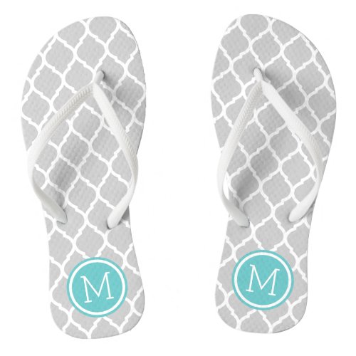 Gray and Turquoise Moroccan Quatrefoil Monogram Flip Flops