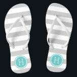 Gray and Turquoise Preppy Stripes Monogram Flip Flops<br><div class="desc">Custom printed flip flop sandals with a preppy nautical stripe pattern and your custom monogram or other text in a circle frame. Click Customize It to change text fonts and colors or add your own images to create a unique one of a kind design!</div>