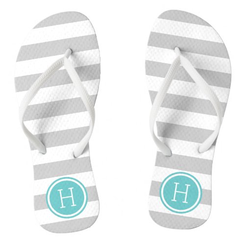 Gray and Turquoise Preppy Stripes Monogram Flip Flops