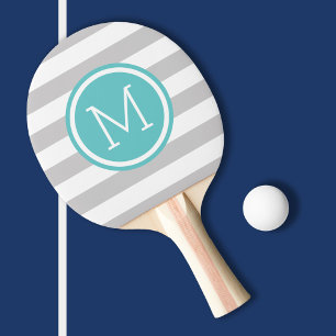 Gray and Turquoise Preppy Stripes Monogram Ping Pong Paddle