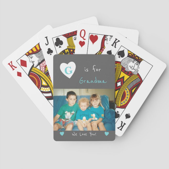 Gray and turquoise with name and photo poker cards (Back)
