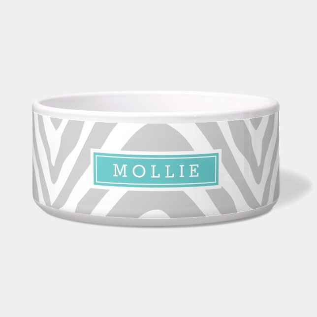 Gray and Turquoise Zebra Print Monogram Bowl (Front)