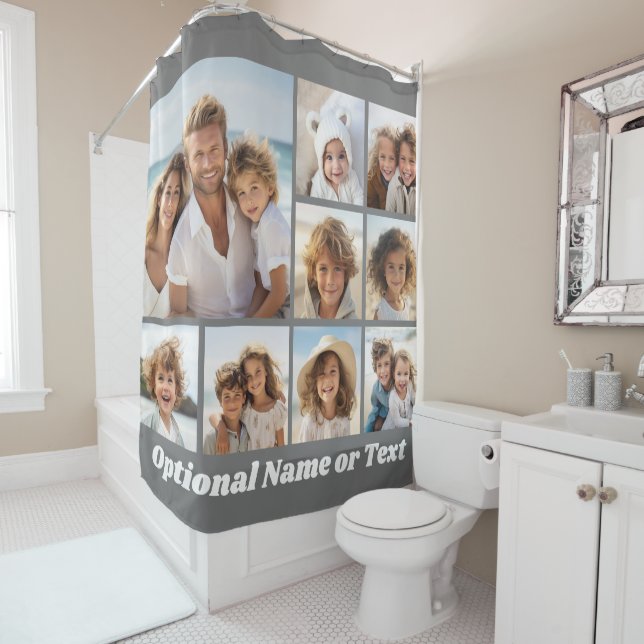 Gray and White 9 Photo Collage with Monogram Shower Curtain (In Situ)