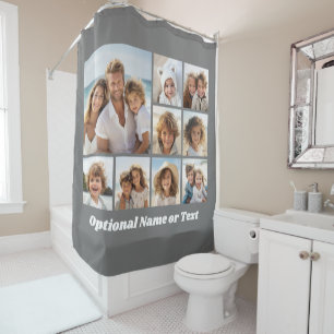 Gray and White 9 Photo Collage with Monogram Shower Curtain