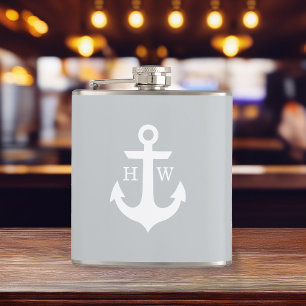 Gray and White Anchor Monogram Hip Flask