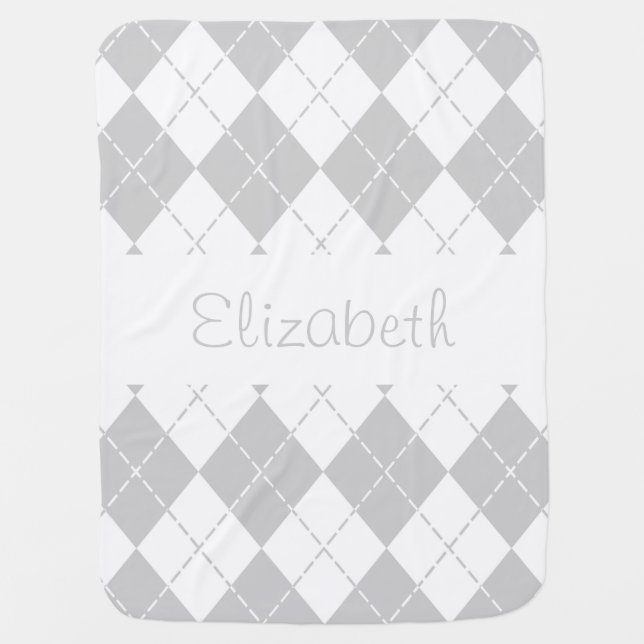 Gray and White Argyle Baby Name Blanket (Front)
