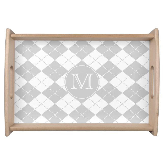 Gray and White Argyle Monogrammed Serving Tray (Front)