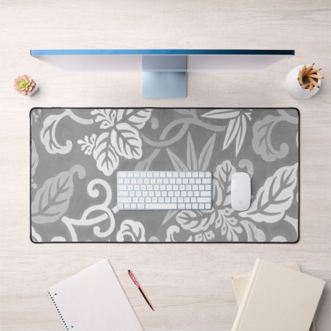 Gray and White Art Deco Floral Desk Mat Pad (Office 1)