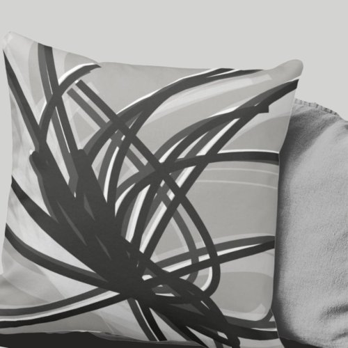 Gray and White Artistic Abstract Ribbons Throw Pillow