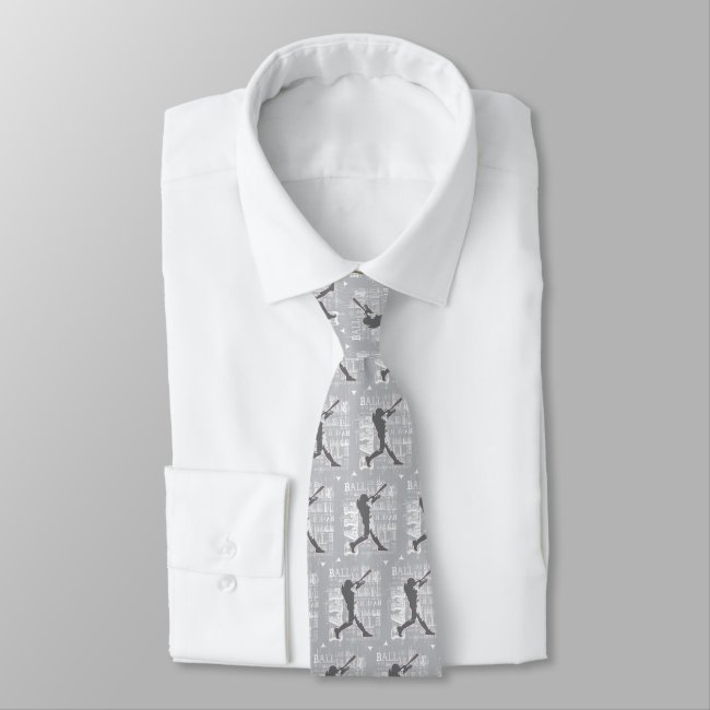 Gray and White Baseball Player Design Necktie