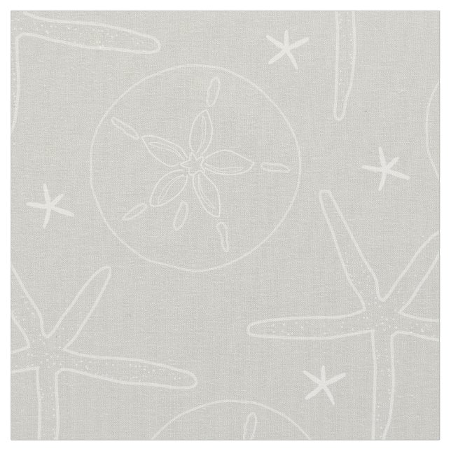 Gray and White Beach Shells Starfish, Sand Dollar  Fabric (Close Up)