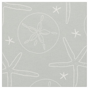Gray and White Beach Shells Starfish, Sand Dollar Fabric