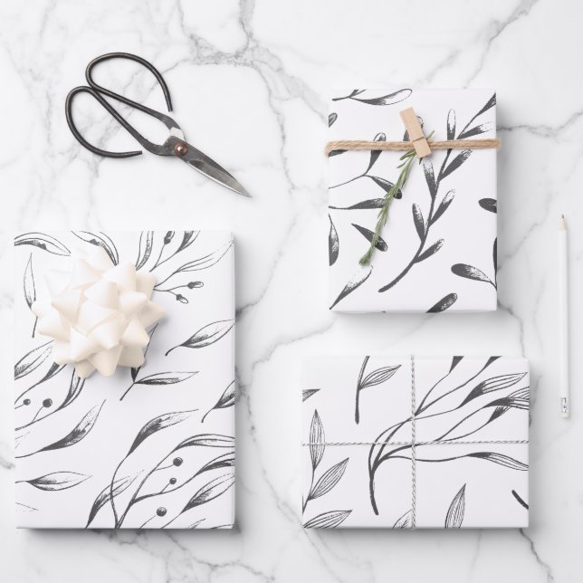 Gray and White Botanical Wrapping Paper Set (Front)