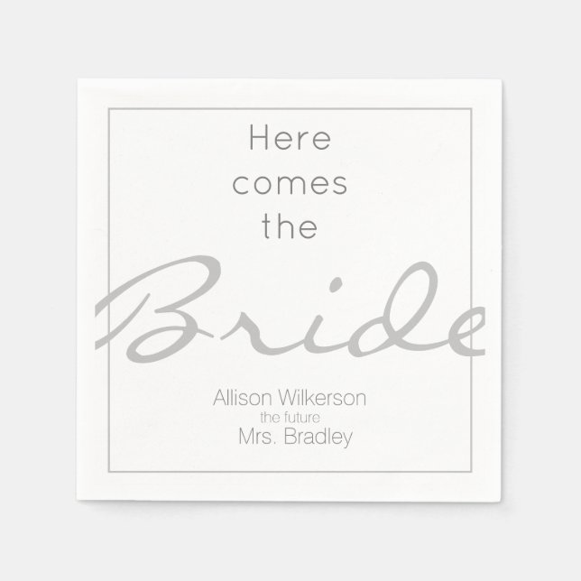 Gray and White Bridal Shower Here Comes the Bride Napkins (Front)