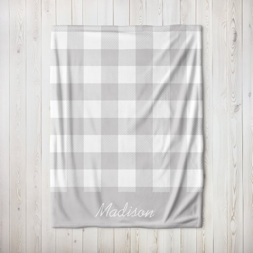 Gray and White Buffalo Check Monogram Fleece Blanket