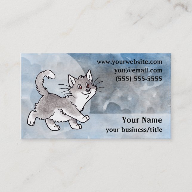 Gray and White Cat Business Card - Blue and Gray (Front)