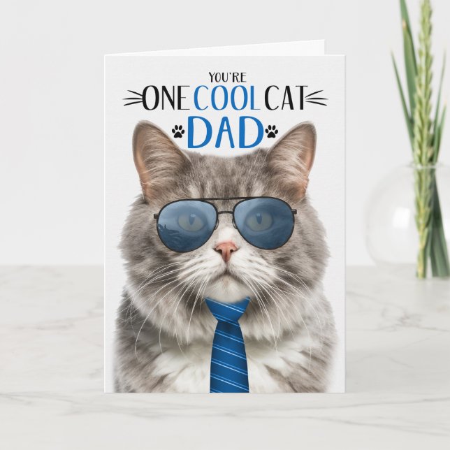 Gray and White Cat Father's Day One Cool Cat Holiday Card (Front)