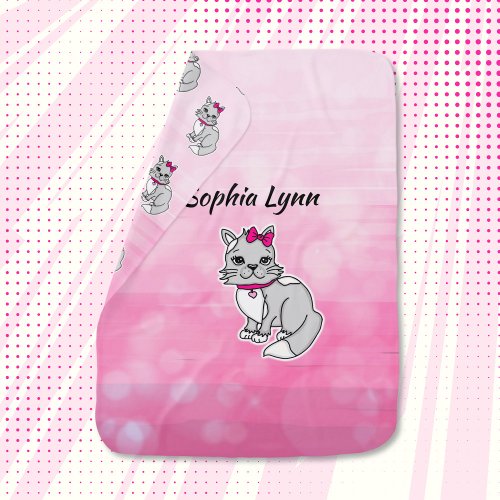 Gray and White Cat Personalized Girls Pink  Baby Blanket