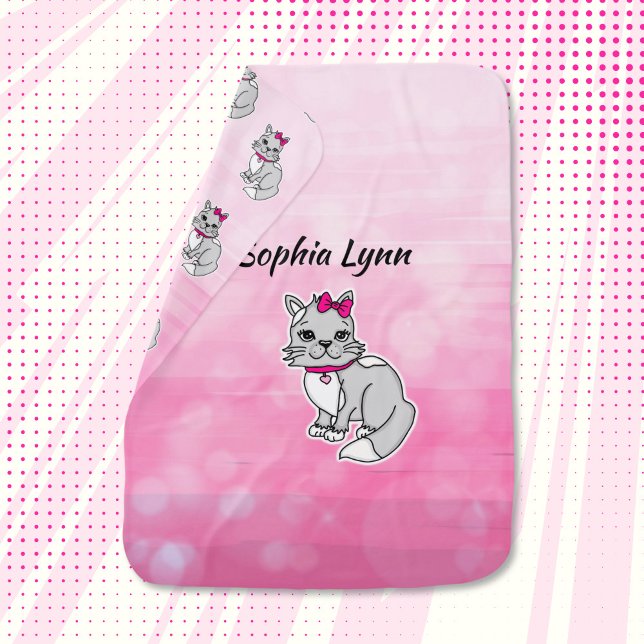 Gray and White Cat Personalized Girl's Pink  Baby Blanket (Creator Uploaded)