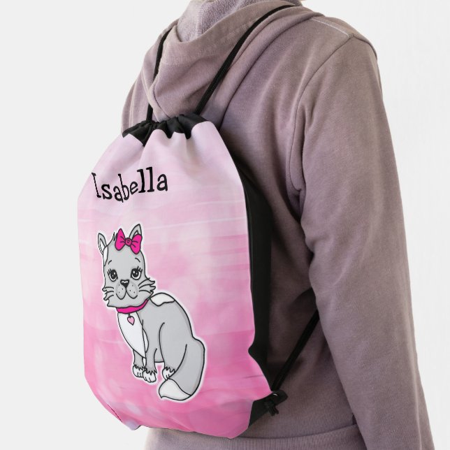 Gray and White Cat Personalized Girl's Pink  Drawstring Bag (Insitu)