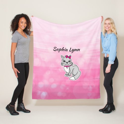 Gray and White Cat Personalized Girls Pink  Fleece Blanket