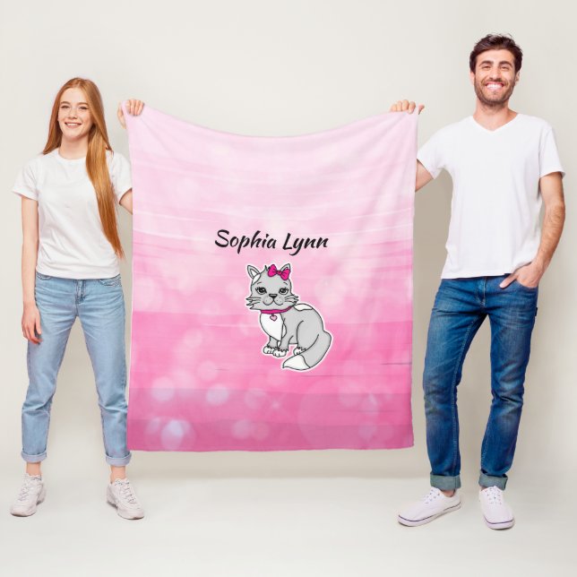Gray and White Cat Personalized Girl's Pink  Fleece Blanket (In Situ)