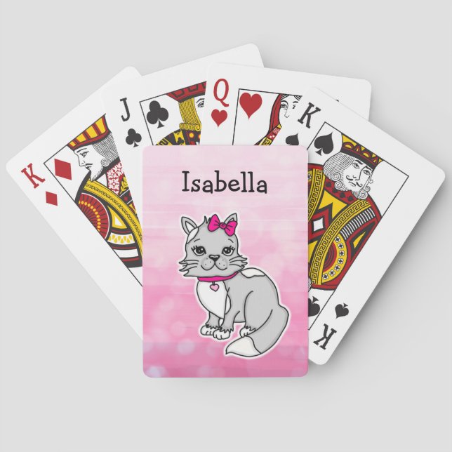 Gray and White Cat Personalized Girl's Pink  Poker Cards (Back)