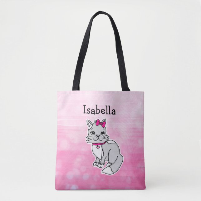 Gray and White Cat Personalized Girl's Pink Tote Bag (Front)